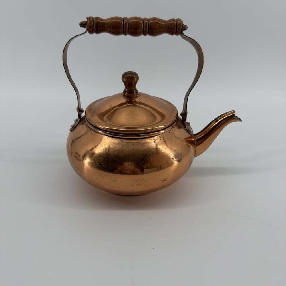 1984 FTDA Copper Metal Teapot With Wood Handles